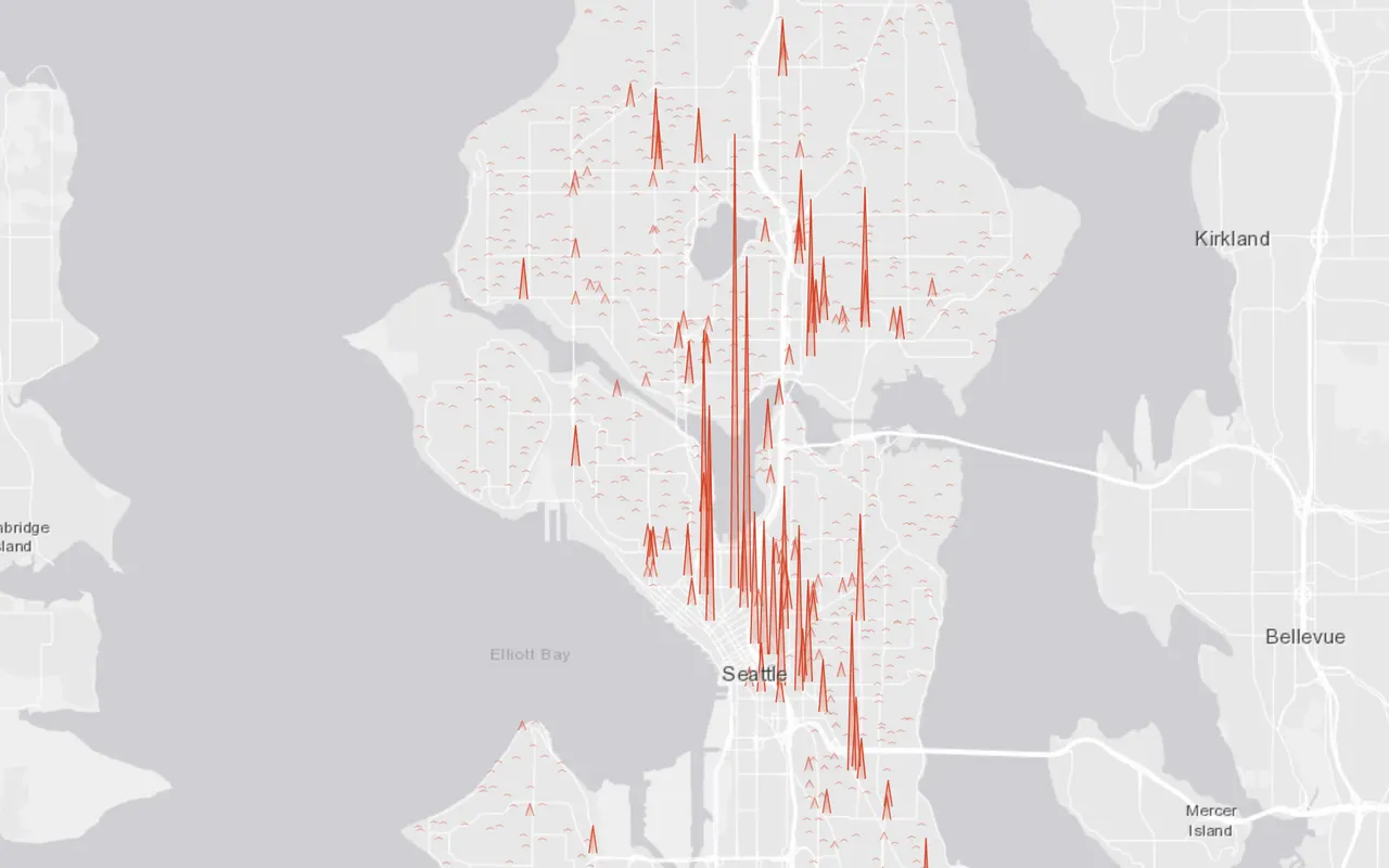 Map of Seattle with spikes where housing is under construction